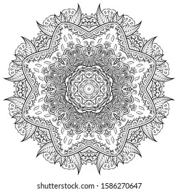 Mandala, tracery wheel mehndi design. Ethnic ornament, doodle symmetry texture. Folk traditional spiritual tribal design. Curved shape, isolated on white. Binary monochrome black and white art. Vector