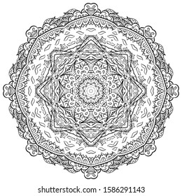 Mandala, tracery wheel mehndi design. Ethnic ornament, doodle symmetry texture. Folk traditional spiritual tribal design. Curved shape, isolated on white. Binary monochrome black and white art. Vector
