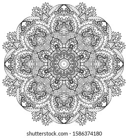Mandala, tracery wheel mehndi design. Ethnic ornament, doodle symmetry texture. Folk traditional spiritual tribal design. Curved shape, isolated on white. Binary monochrome black and white art. Vector