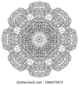 Mandala, tracery wheel mehndi design. Ethnic ornament, doodle symmetry texture. Folk traditional spiritual tribal design. Curved shape, isolated on white. Binary monochrome black and white art. Vector