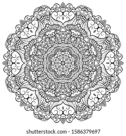 Mandala, tracery wheel mehndi design. Ethnic ornament, doodle symmetry texture. Folk traditional spiritual tribal design. Curved shape, isolated on white. Binary monochrome black and white art. Vector