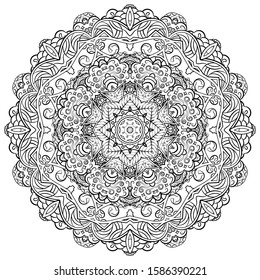 Mandala, tracery wheel mehndi design. Ethnic ornament, doodle symmetry texture. Folk traditional spiritual tribal design. Curved shape, isolated on white. Binary monochrome black and white art. Vector