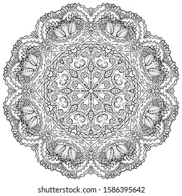 Mandala, tracery wheel mehndi design. Ethnic ornament, doodle symmetry texture. Folk traditional spiritual tribal design. Curved shape, isolated on white. Binary monochrome black and white art. Vector