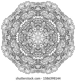 Mandala, tracery wheel mehndi design. Ethnic ornament, doodle symmetry texture. Folk traditional spiritual tribal design. Curved shape, isolated on white. Binary monochrome black and white art. Vector