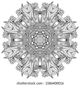 Mandala, tracery wheel mehndi design. Ethnic ornament, doodle symmetry texture. Folk traditional spiritual tribal design. Curved shape, isolated on white. Binary monochrome black and white art. Vector