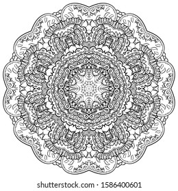 Mandala, tracery wheel mehndi design. Ethnic ornament, doodle symmetry texture. Folk traditional spiritual tribal design. Curved shape, isolated on white. Binary monochrome black and white art. Vector