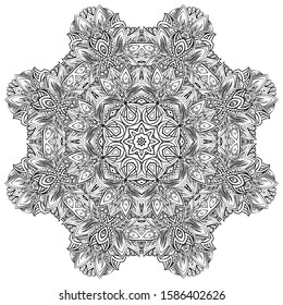 Mandala, tracery wheel mehndi design. Ethnic ornament, doodle symmetry texture. Folk traditional spiritual tribal design. Curved shape, isolated on white. Binary monochrome black and white art. Vector