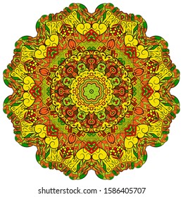 Mandala, tracery wheel mehndi design. Ethnic ornament, colorful doodle symmetry texture. Folk traditional spiritual tribal design. Curved shape, isolated on white. Color art. Vector