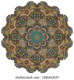 Mandala, tracery wheel mehndi design. Ethnic ornament, colorful doodle symmetry texture. Folk traditional spiritual tribal design. Curved shape, isolated on white. Color art. Vector