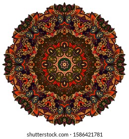 Mandala, tracery wheel mehndi design. Ethnic ornament, colorful doodle symmetry texture. Folk traditional spiritual tribal design. Curved shape, isolated on white. Color art. Vector