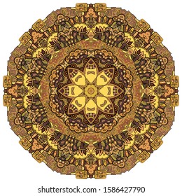 Mandala, tracery wheel mehndi design. Ethnic ornament, colorful doodle symmetry texture. Folk traditional spiritual tribal design. Curved shape, isolated on white. Color art. Vector