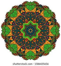 Mandala, tracery wheel mehndi design. Ethnic ornament, colorful doodle symmetry texture. Folk traditional spiritual tribal design. Curved shape, isolated on white. Color art. Vector
