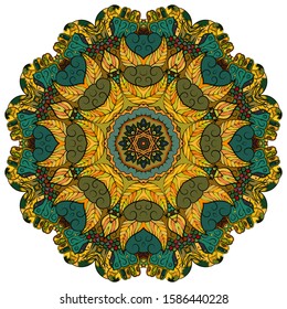 Mandala, tracery wheel mehndi design. Ethnic ornament, colorful doodle symmetry texture. Folk traditional spiritual tribal design. Curved shape, isolated on white. Color art. Vector