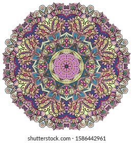 Mandala, tracery wheel mehndi design. Ethnic ornament, colorful doodle symmetry texture. Folk traditional spiritual tribal design. Curved shape, isolated on white. Color art. Vector