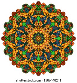 Mandala, tracery wheel mehndi design. Ethnic ornament, colorful doodle symmetry texture. Folk traditional spiritual tribal design. Curved shape, isolated on white. Color art. Vector