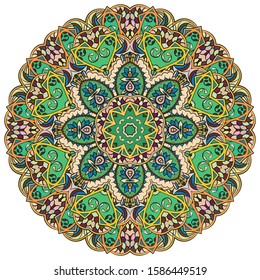 Mandala, tracery wheel mehndi design. Ethnic ornament, colorful doodle symmetry texture. Folk traditional spiritual tribal design. Curved shape, isolated on white. Color art. Vector