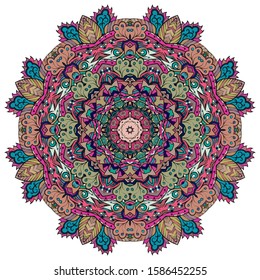 Mandala, tracery wheel mehndi design. Ethnic ornament, colorful doodle symmetry texture. Folk traditional spiritual tribal design. Curved shape, isolated on white. Color art. Vector
