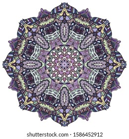 Mandala, tracery wheel mehndi design. Ethnic ornament, colorful doodle symmetry texture. Folk traditional spiritual tribal design. Curved shape, isolated on white. Color art. Vector