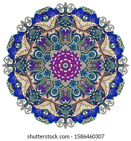 Mandala, tracery wheel mehndi design. Ethnic ornament, colorful doodle symmetry texture. Folk traditional spiritual tribal design. Curved shape, isolated on white. Color art. Vector