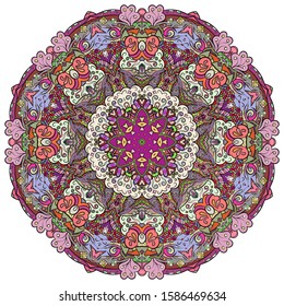 Mandala, tracery wheel mehndi design. Ethnic ornament, colorful doodle symmetry texture. Folk traditional spiritual tribal design. Curved shape, isolated on white. Color art. Vector