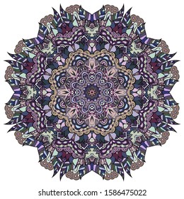 Mandala, tracery wheel mehndi design. Ethnic ornament, colorful doodle symmetry texture. Folk traditional spiritual tribal design. Curved shape, isolated on white. Color art. Vector
