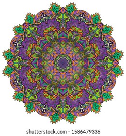 Mandala, tracery wheel mehndi design. Ethnic ornament, colorful doodle symmetry texture. Folk traditional spiritual tribal design. Curved shape, isolated on white. Color art. Vector