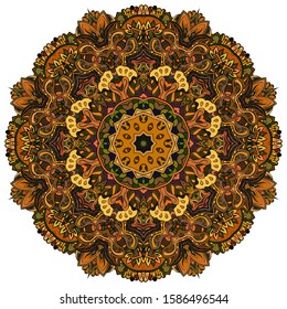 Mandala, tracery wheel mehndi design. Ethnic ornament, colorful doodle symmetry texture. Folk traditional spiritual tribal design. Curved shape, isolated on white. Color art. Vector