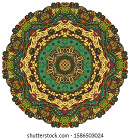Mandala, tracery wheel mehndi design. Ethnic ornament, colorful doodle symmetry texture. Folk traditional spiritual tribal design. Curved shape, isolated on white. Color art. Vector