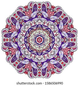 Mandala, tracery wheel mehndi design. Ethnic ornament, colorful doodle symmetry texture. Folk traditional spiritual tribal design. Curved shape, isolated on white. Color art. Vector