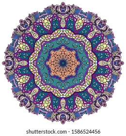 Mandala, tracery wheel mehndi design. Ethnic ornament, colorful doodle symmetry texture. Folk traditional spiritual tribal design. Curved shape, isolated on white. Color art. Vector