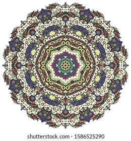 Mandala, tracery wheel mehndi design. Ethnic ornament, colorful doodle symmetry texture. Folk traditional spiritual tribal design. Curved shape, isolated on white. Color art. Vector