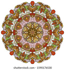 Mandala, tracery wheel mehndi design. Ethnic ornament, colorful doodle symmetry texture. Folk traditional spiritual tribal design. Curved shape, isolated on white. Color art. Vector