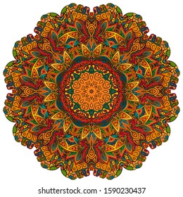Mandala, tracery wheel mehndi design. Ethnic ornament, colorful doodle symmetry texture. Folk traditional spiritual tribal design. Curved shape, isolated on white. Color art. Vector