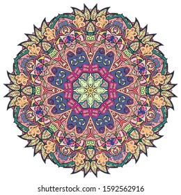 Mandala, tracery wheel mehndi design. Ethnic ornament, colorful doodle symmetry texture. Folk traditional spiritual tribal design. Curved shape, isolated on white. Color art. Vector