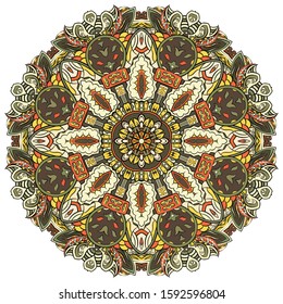 Mandala, tracery wheel mehndi design. Ethnic ornament, colorful doodle symmetry texture. Folk traditional spiritual tribal design. Curved shape, isolated on white. Color art. Vector