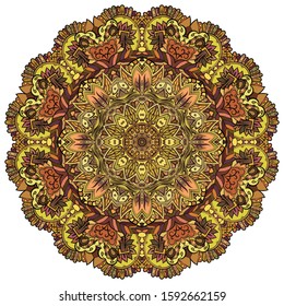 Mandala, tracery wheel mehndi design. Ethnic ornament, colorful doodle symmetry texture. Folk traditional spiritual tribal design. Curved shape, isolated on white. Color art. Vector