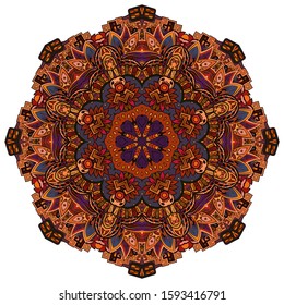 Mandala, tracery wheel mehndi design. Ethnic ornament, colorful doodle symmetry texture. Folk traditional spiritual tribal design. Curved shape, isolated on white. Color art. Vector