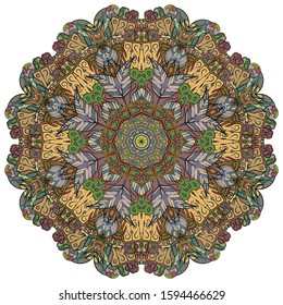Mandala, tracery wheel mehndi design. Ethnic ornament, colorful doodle symmetry texture. Folk traditional spiritual tribal design. Curved shape, isolated on white. Color art. Vector