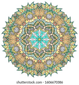 Mandala, tracery wheel mehndi design. Ethnic ornament, colorful doodle symmetry texture. Folk traditional spiritual tribal design. Curved shape, isolated on white. Color art. Vector