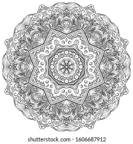 Mandala, tracery wheel mehndi design. Ethnic ornament, doodle symmetry texture. Folk traditional spiritual tribal design. Curved shape, isolated on white. Binary monochrome black and white art. Vector