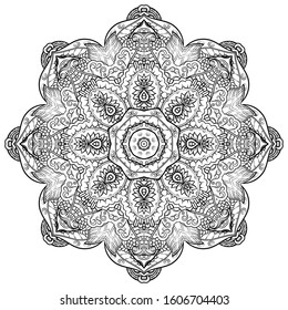 Mandala, tracery wheel mehndi design. Ethnic ornament, doodle symmetry texture. Folk traditional spiritual tribal design. Curved shape, isolated on white. Binary monochrome black and white art. Vector