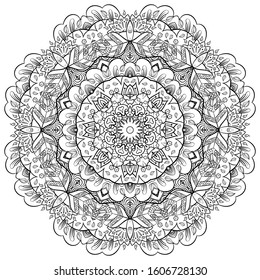 Mandala, tracery wheel mehndi design. Ethnic ornament, doodle symmetry texture. Folk traditional spiritual tribal design. Curved shape, isolated on white. Binary monochrome black and white art. Vector