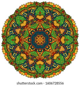 Mandala, tracery wheel mehndi design. Ethnic ornament, colorful doodle symmetry texture. Folk traditional spiritual tribal design. Curved shape, isolated on white. Color art. Vector