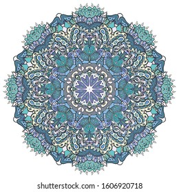 Mandala, tracery wheel mehndi design. Ethnic ornament, colorful doodle symmetry texture. Folk traditional spiritual tribal design. Curved shape, isolated on white. Color art. Vector