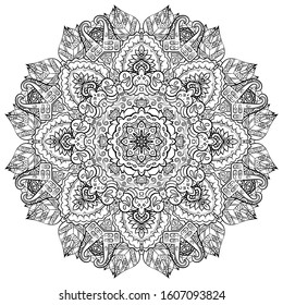 Mandala, tracery wheel mehndi design. Ethnic ornament, doodle symmetry texture. Folk traditional spiritual tribal design. Curved shape, isolated on white. Binary monochrome black and white art. Vector