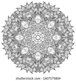 Mandala, tracery wheel mehndi design. Ethnic ornament, doodle symmetry texture. Folk traditional spiritual tribal design. Curved shape, isolated on white. Binary monochrome black and white art. Vector