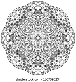 Mandala, tracery wheel mehndi design. Ethnic ornament, doodle symmetry texture. Folk traditional spiritual tribal design. Curved shape, isolated on white. Binary monochrome black and white art. Vector