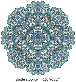 Mandala, tracery wheel mehndi design. Ethnic ornament, colorful doodle symmetry texture. Folk traditional spiritual tribal design. Curved shape, isolated on white. Color art. Vector