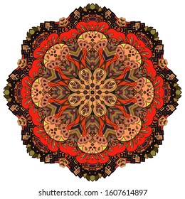 Mandala, tracery wheel mehndi design. Ethnic ornament, colorful doodle symmetry texture. Folk traditional spiritual tribal design. Curved shape, isolated on white. Color art. Vector