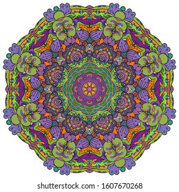 Mandala, tracery wheel mehndi design. Ethnic ornament, colorful doodle symmetry texture. Folk traditional spiritual tribal design. Curved shape, isolated on white. Color art. Vector